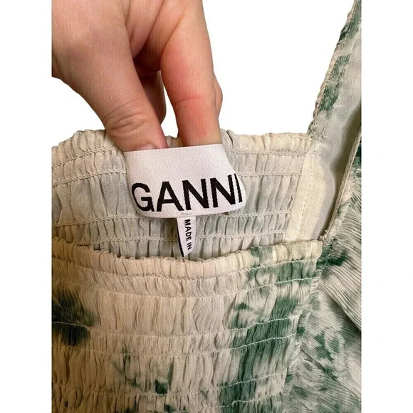 GANNI floral-print plissé-georgette minidress Size Small 4/6 Green And Cream - Picture 7 of 10